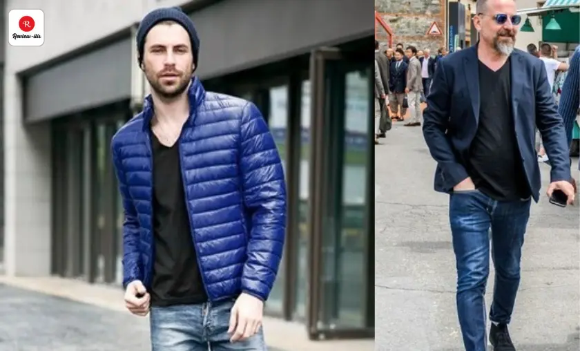 Black V-neck T-shirt, Washed Blue Jeans, and Blue Puffer Jacket