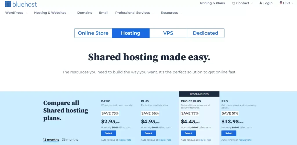 Bluehost Pricing Plans