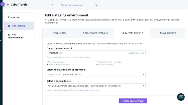 Adding staging environment to WP Engine