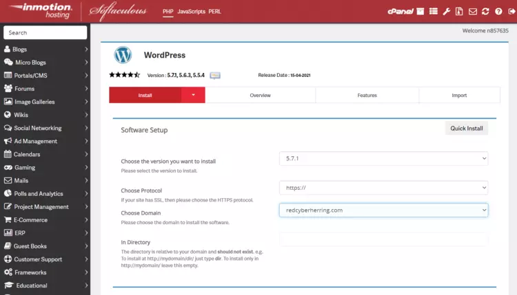 Information fields while installing WordPress on InMotion Hosting