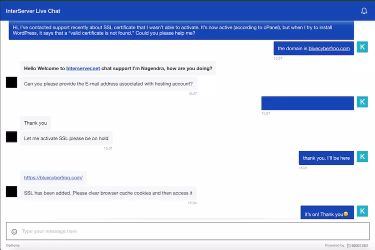 Live chat with InterServer support about SSL activation